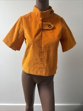 Meg corduroy shortsleeve cropped top shirt buttons high neck orange Small S